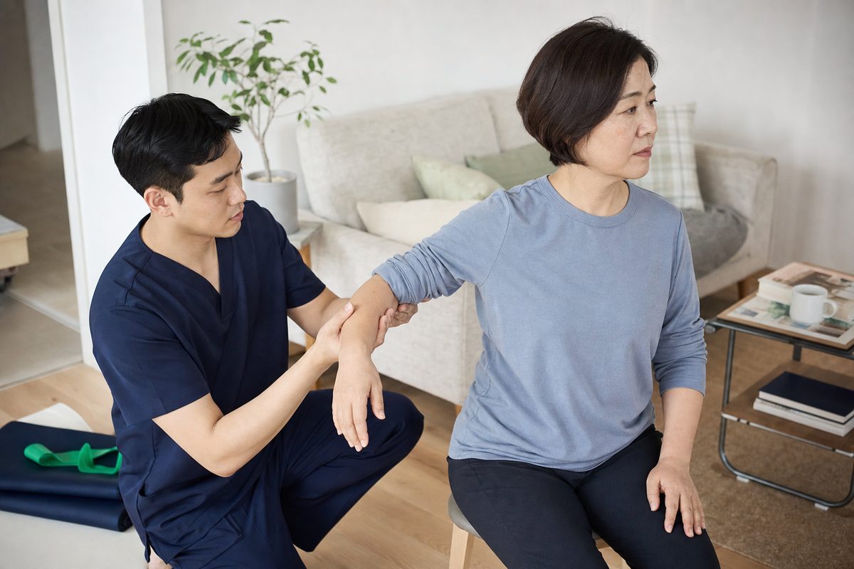 전문가가 앉아 있는 고객의 팔을 받쳐 어깨 가동 범위를 확인하는 모습