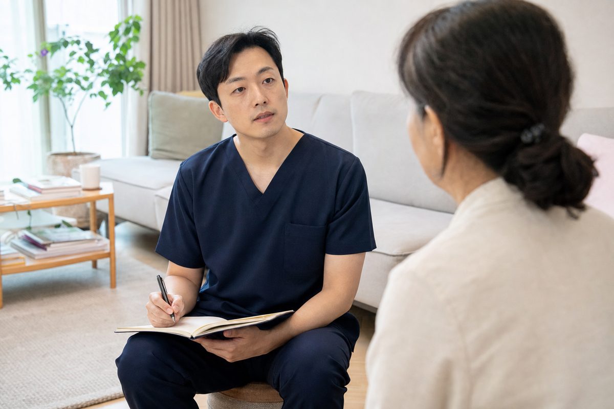 전문가가 고객의 이야기를 들으며 노트에 기록하는 모습